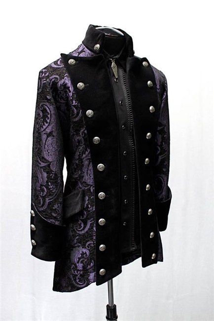 VERSAILLES COAT PURPLE/BLACK TAPESTRY, Pirate coat. An ornate aristocratâ€™s coat, three-quarter length coat in rich purple and black .