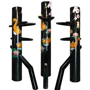 Wooden Dummy - 13th Anniversary Dummy features a Koi Fish, Lotus, and Cherry blossom engraving.