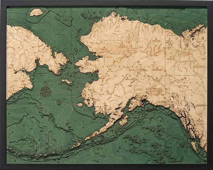 3D Alaska Nautical Real Wood Map Depth Decorative Chart