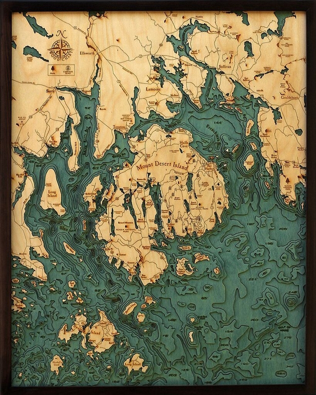 Bar Harbor Nautical Topographic Art: Bathymetric Real Wood Decorative Chart