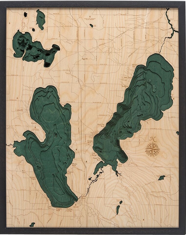 3D Burt and Mullett Lakes Nautical Real Wood Map Depth Decorative Chart