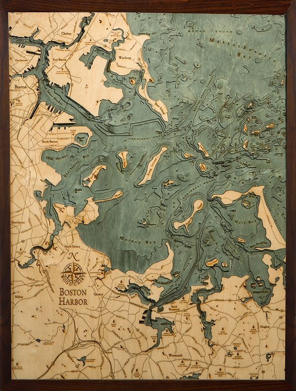 3D Boston Harbor Nautical Real Wood Map Depth Decorative Chart
