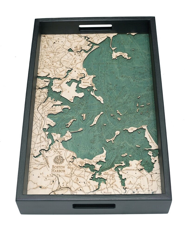 Boston Harbor Nautical Real Wood Map Decorative Serving Tray