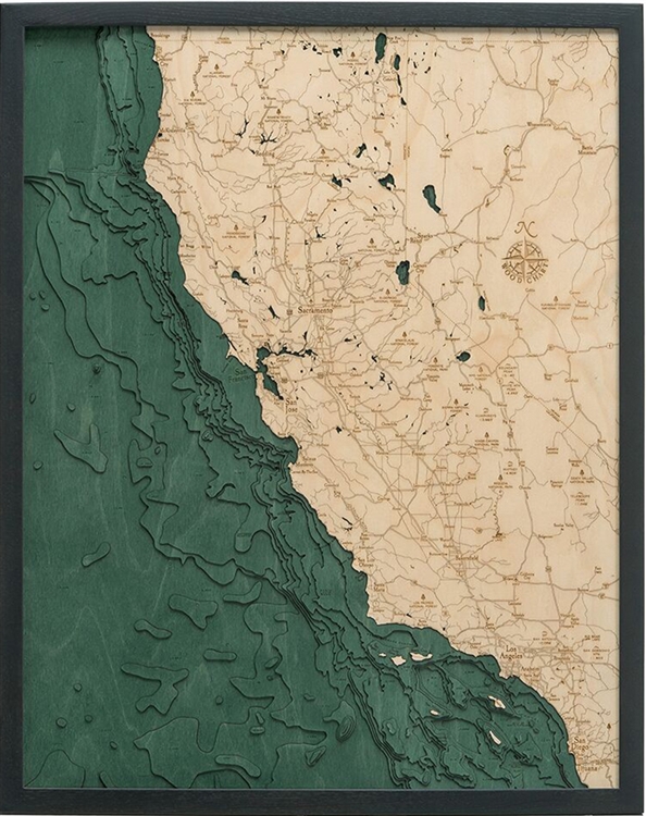 3D California Coast Nautical Real Wood Map Depth Decorative Chart | Original Dark Frame