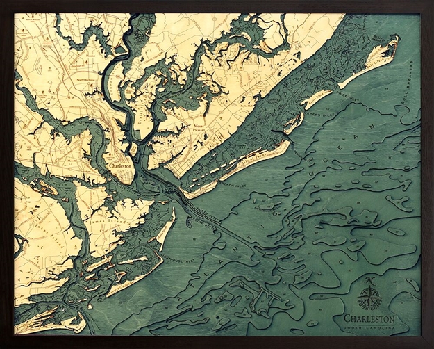 Charleston Nautical Topographic Art: Bathymetric Real Wood Decorative Chart