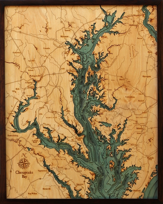 3D Chesapeake Bay Nautical Real Wood Map Depth Decorative Chart