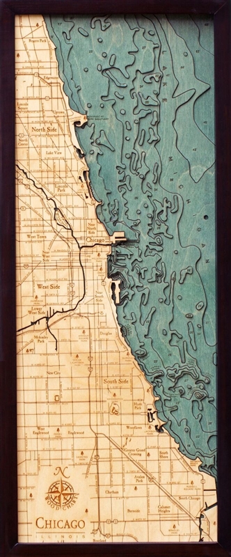 3D Chicago Nautical Real Wood Map Depth Decorative Chart