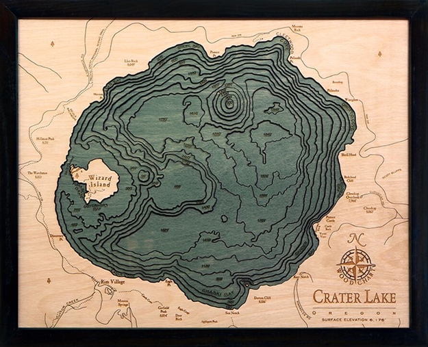 Custom Wood Charts of Crater Lake from Carved Lake Art: Nautical Gifts & Depth Charts