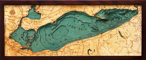 3D Lake Erie Nautical Real Wood Map Depth Decorative Chart