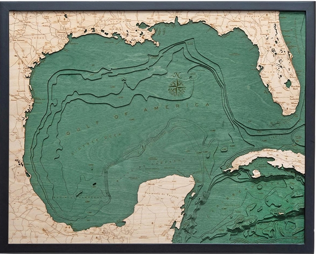 3D Gulf of America Nautical Real Wood Map Depth Decorative Chart | Dark Frame