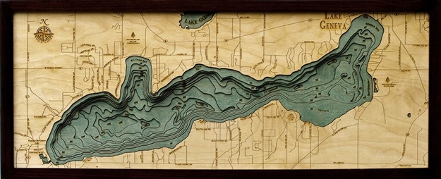 3D Geneva Lake Nautical Real Wood Map Depth Decorative Chart