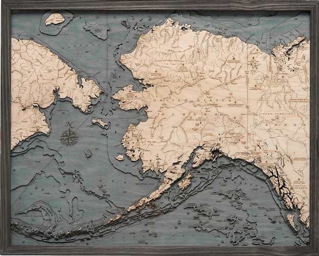 3D Alaska Nautical Real Wood Map Depth Decorative Chart | Driftwood Grey