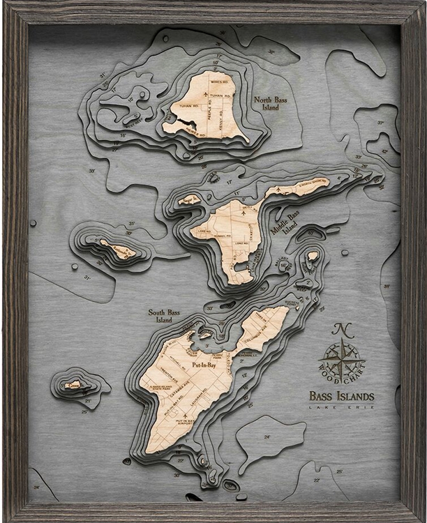 Bass Islands Nautical Topographic Art: Bathymetric Real Wood Decorative Chart Driftwood Grey Frame
