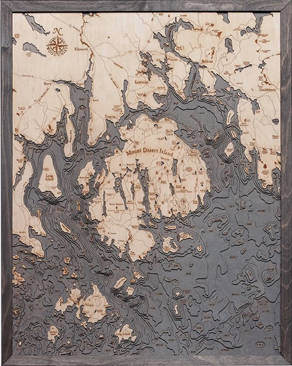 Bar Harbor Nautical Topographic Art: Bathymetric Real Wood Decorative Chart