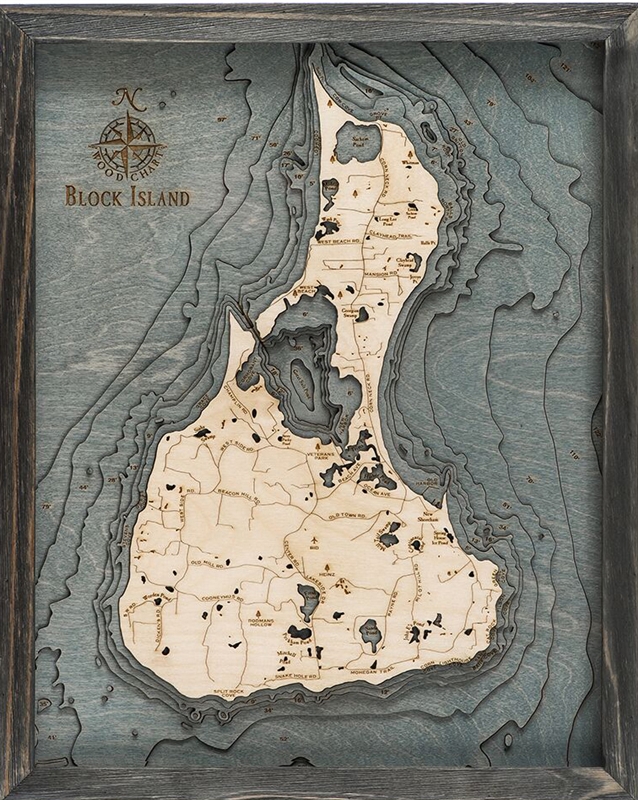 Custom Wood Charts of Block Island from Carved Lake Art: Nautical Gifts & Depth Charts New Driftwood Grey Frame