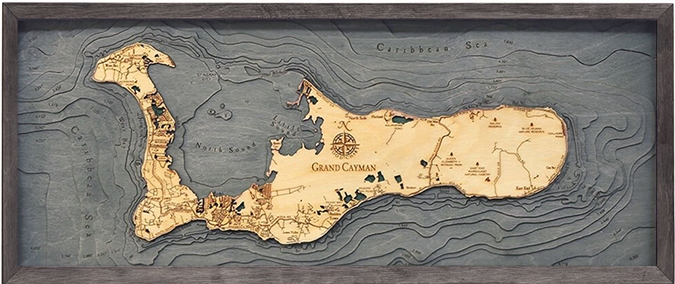 3D Grand Cayman Island Nautical Real Wood Map Depth Decorative Chart | Driftwood Grey