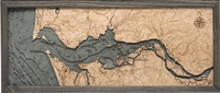 3D Columbia River Mouth Nautical Real Wood Map Depth Decorative Chart | Driftwood Grey Frame