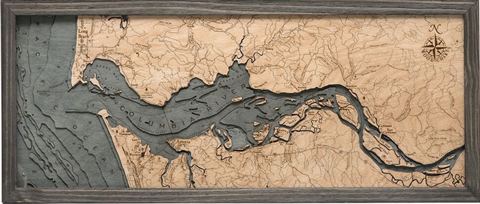 3D Columbia River Mouth Nautical Real Wood Map Depth Decorative Chart | Driftwood Grey Frame