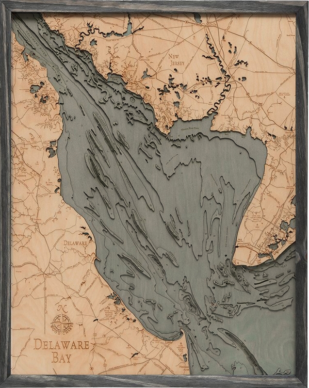 Delaware Bay Nautical Topographic Art: Bathymetric Real Wood Decorative Chart | Driftwood Grey
