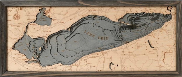 3D Lake Erie Nautical Real Wood Map Depth Decorative Chart Driftwood Grey