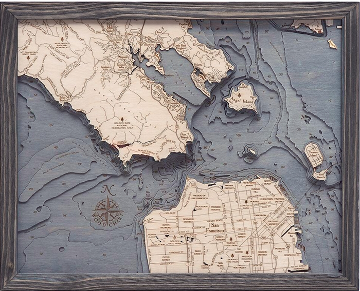 3D Golden Gate / San Francisco Nautical Real Wood Map Depth Decorative Chart | Driftwood Grey