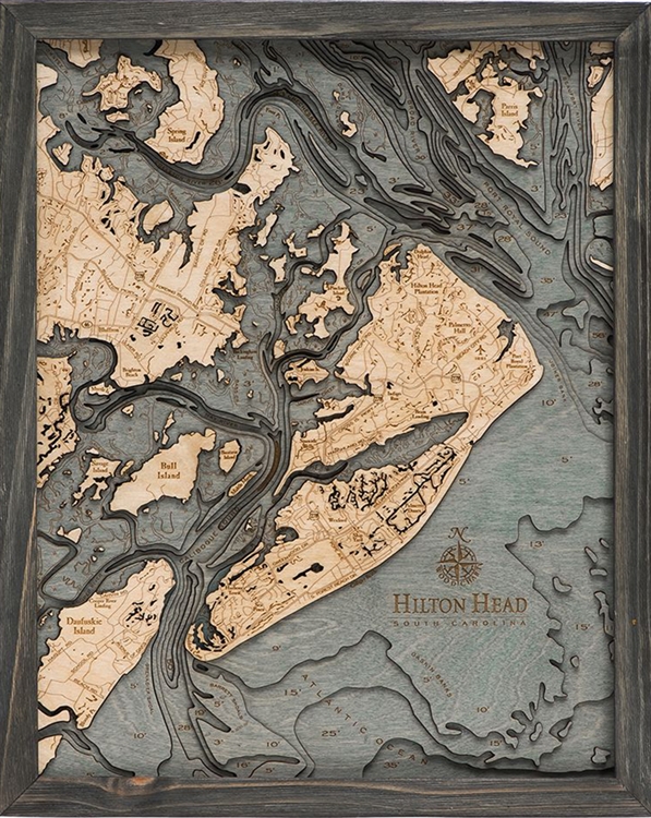 Hilton Head Nautical Topographic Art: Bathymetric Real Wood Decorative Chart