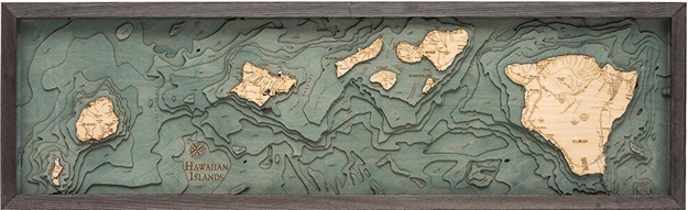 3D Hawaiian Islands Nautical Real Wood Map Depth Decorative Chart | Driftwood Grey