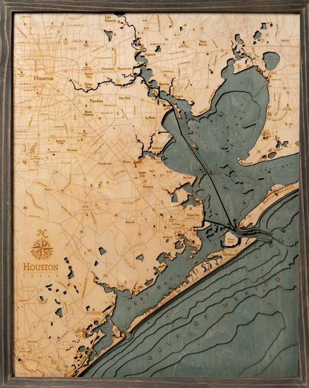 Houston and Galveston Nautical Topographic Art: Bathymetric Real Wood Decorative Chart
