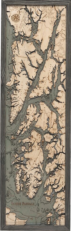 3D Inside Passage Nautical Real Wood Map Depth Decorative Chart | Driftwood Grey