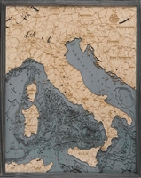 Italy 3D  Nautical Real Wood Map Depth Decorative Chart | Driftwood Grey