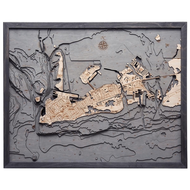 3D Key West  Nautical Real Wood Map Depth Decorative Chart| Driftwood Grey Frame