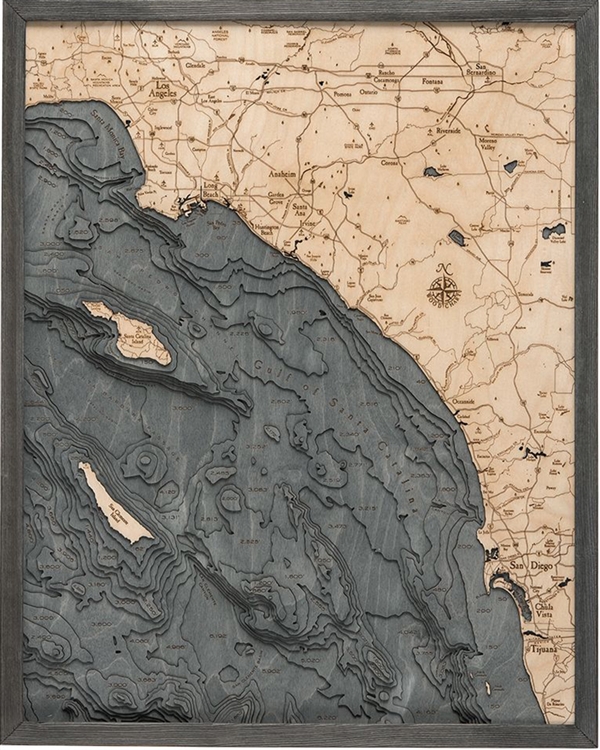 Los Angeles to San Diego 3D  Nautical Real Wood Map Depth Decorative Chart Driftwood Grey