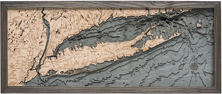 Long Island Sound  Nautical Topographic Art: Bathymetric Real Wood Decorative Chart | Driftwood Grey
