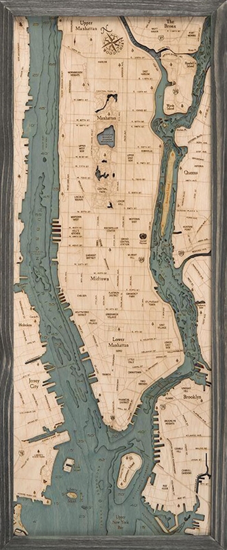3D Manhattan and Long Island Nautical Real Wood Map Depth Decorative Chart | Driftwood Grey Frame