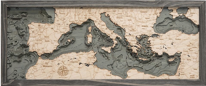 3D Mediterranean Sea Nautical Real Wood Map Depth Decorative Chart | Driftwood Grey