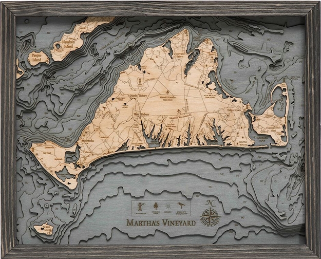 3D Martha's Vineyard Nautical Real Wood Map Depth Decorative Chart Driftwood Grey Edition