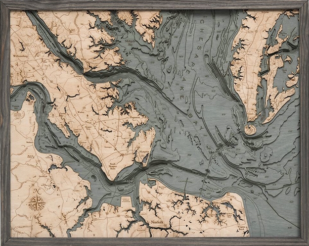 Norfolk Nautical Topographic Art: Bathymetric Real Wood Decorative Chart | Driftwood Grey