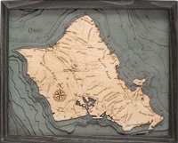 3D Island of Oahu Nautical Real Wood Map Depth Decorative Chart Driftwood Grey