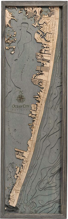 Ocean City Nautical Topographic Art: Bathymetric Real Wood Decorative Chart | Driftwood Grey