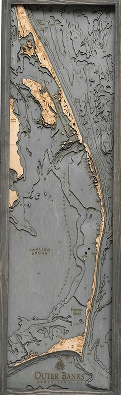 3D Outer Banks Nautical Real Wood Map Depth Decorative Chart | Driftwood Grey Frame