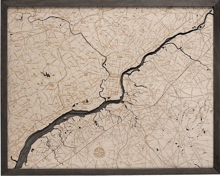 Philadelphia Topographic Art:  Real Wood Decorative Map | Driftwood Grey Frame