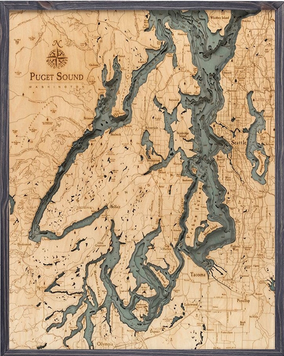 Puget Sound Nautical Topographic Art: Bathymetric Real Wood Decorative Chart