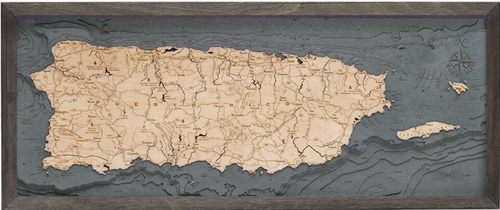 Puerto Rico Nautical Topographic Art: Bathymetric Real Wood Decorative Chart | Driftwood Grey Frame
