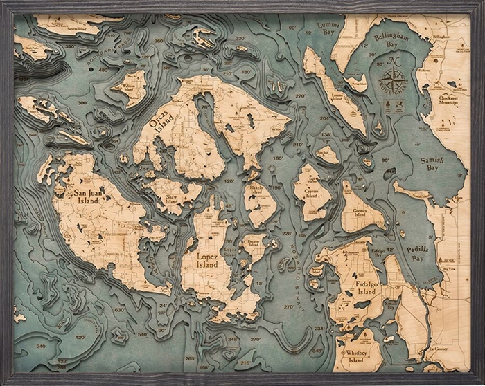 3D San Juan Islands Nautical Real Wood Map Depth Decorative Chart