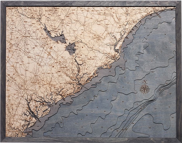 3D South Carolina Coast Nautical Real Wood Map Depth Decorative Chart