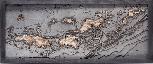 3D Virgin Islands Nautical Real Wood Map Depth Decorative Chart | Driftwood Grey Frame