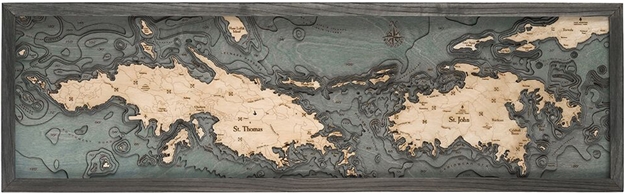 3D Virgin Islands Nautical Real Wood Map Depth Decorative Chart | Driftwood Grey Frame