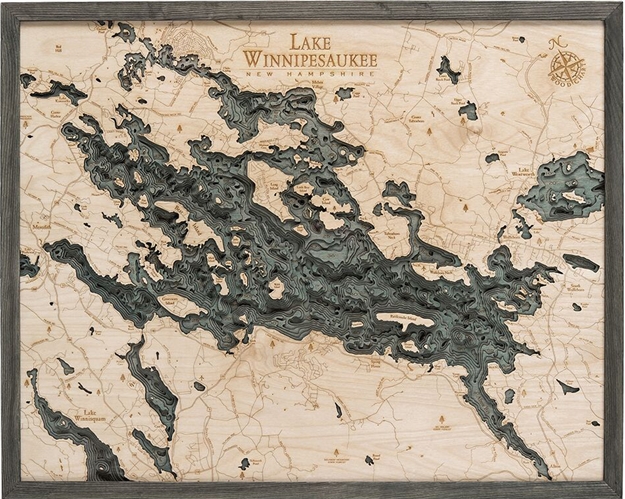 3D Lake Winnipesaukee Nautical Real Wood Map Depth Decorative Chart