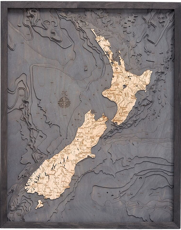 New Zealand Nautical Topographic Art: Bathymetric Real Wood Decorative Chart | Driftwood Grey
