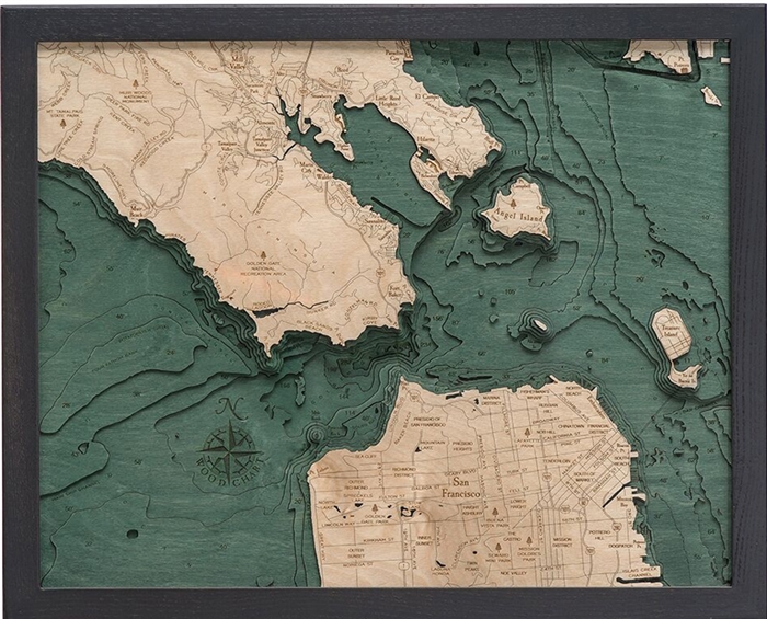 3D Golden Gate / San Francisco Nautical Real Wood Map Depth Decorative Chart | Original Dark Frame